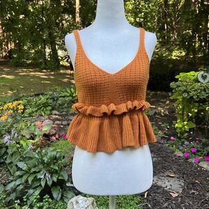 Crochet Rust Orange Tiered Peplum Spaghetti Strap Crop Top Women’s Size Small